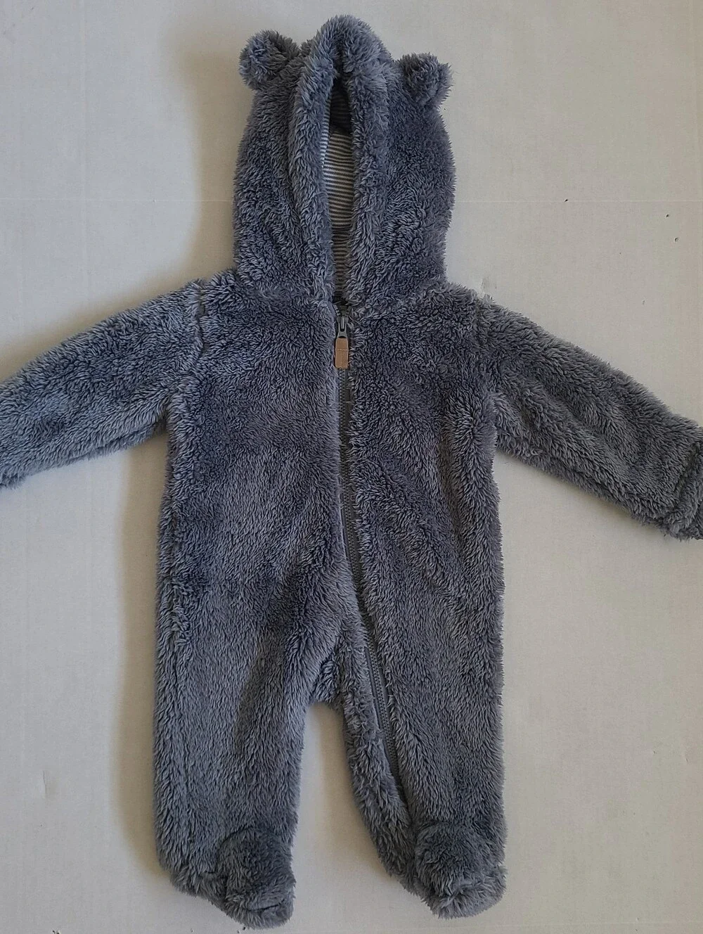 Carter's Teddy Bear Bunting Snowsuit Size 3 Mo Baby Hooded Sherpa Jumpsuit Gray.